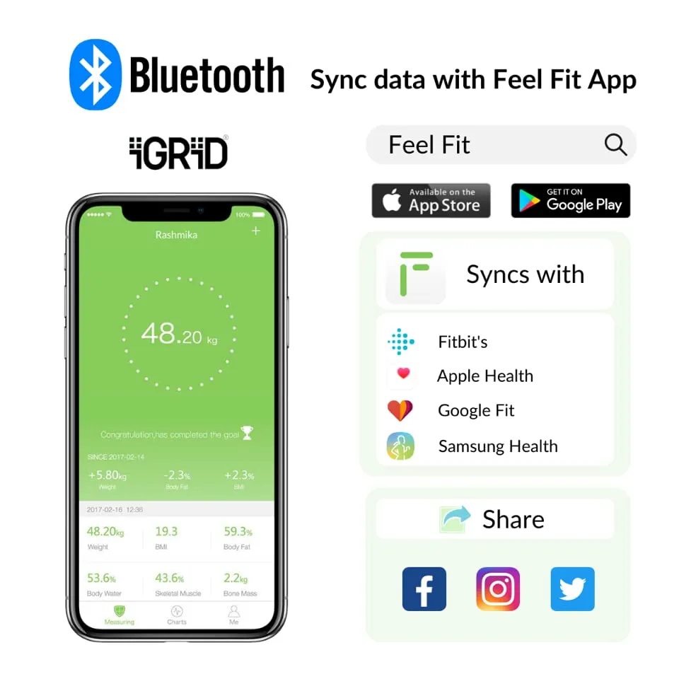 iGRiD Bluetooth Digital BMI Weight Machine| 14 Essential Parameters| PD- IGBWS890|
