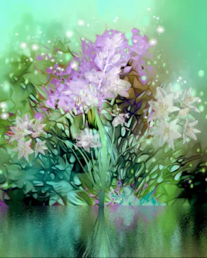 Impressionist Floral Abstract Art Print in Green and Pink, Flower Reflection in Water