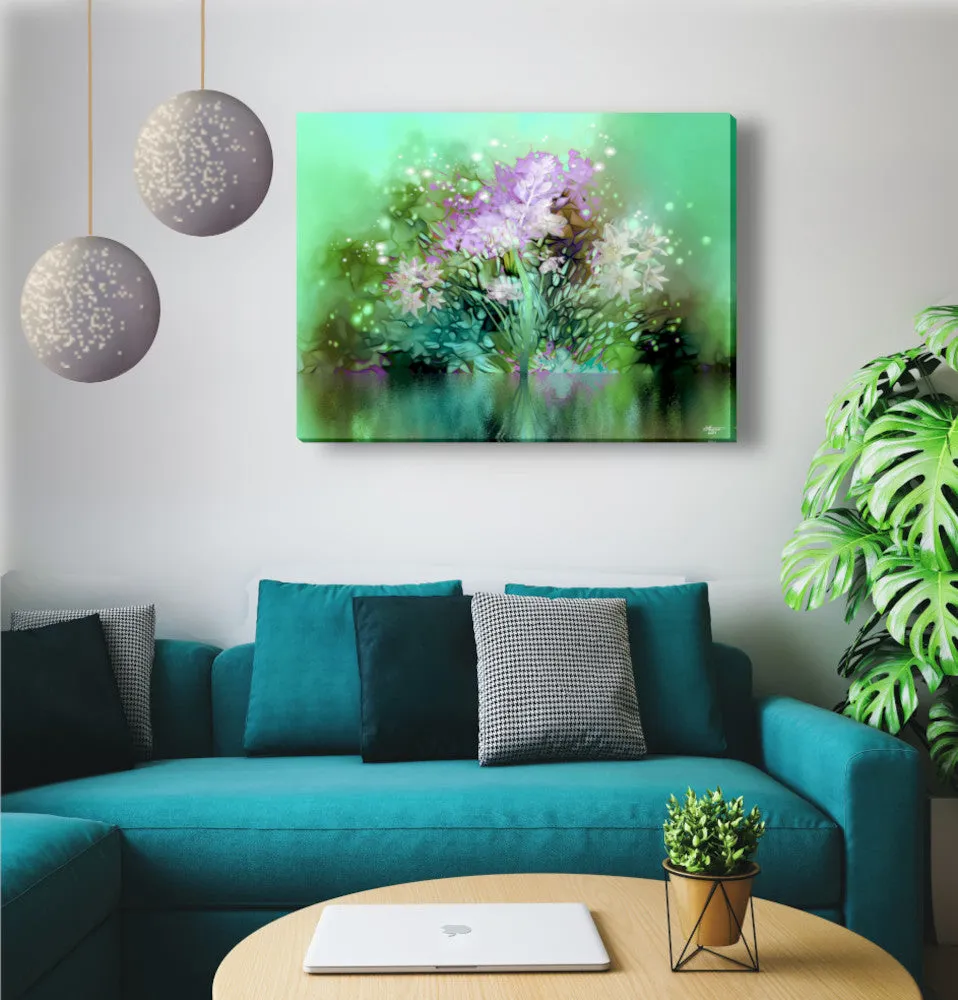 Impressionist Floral Abstract Art Print in Green and Pink, Flower Reflection in Water