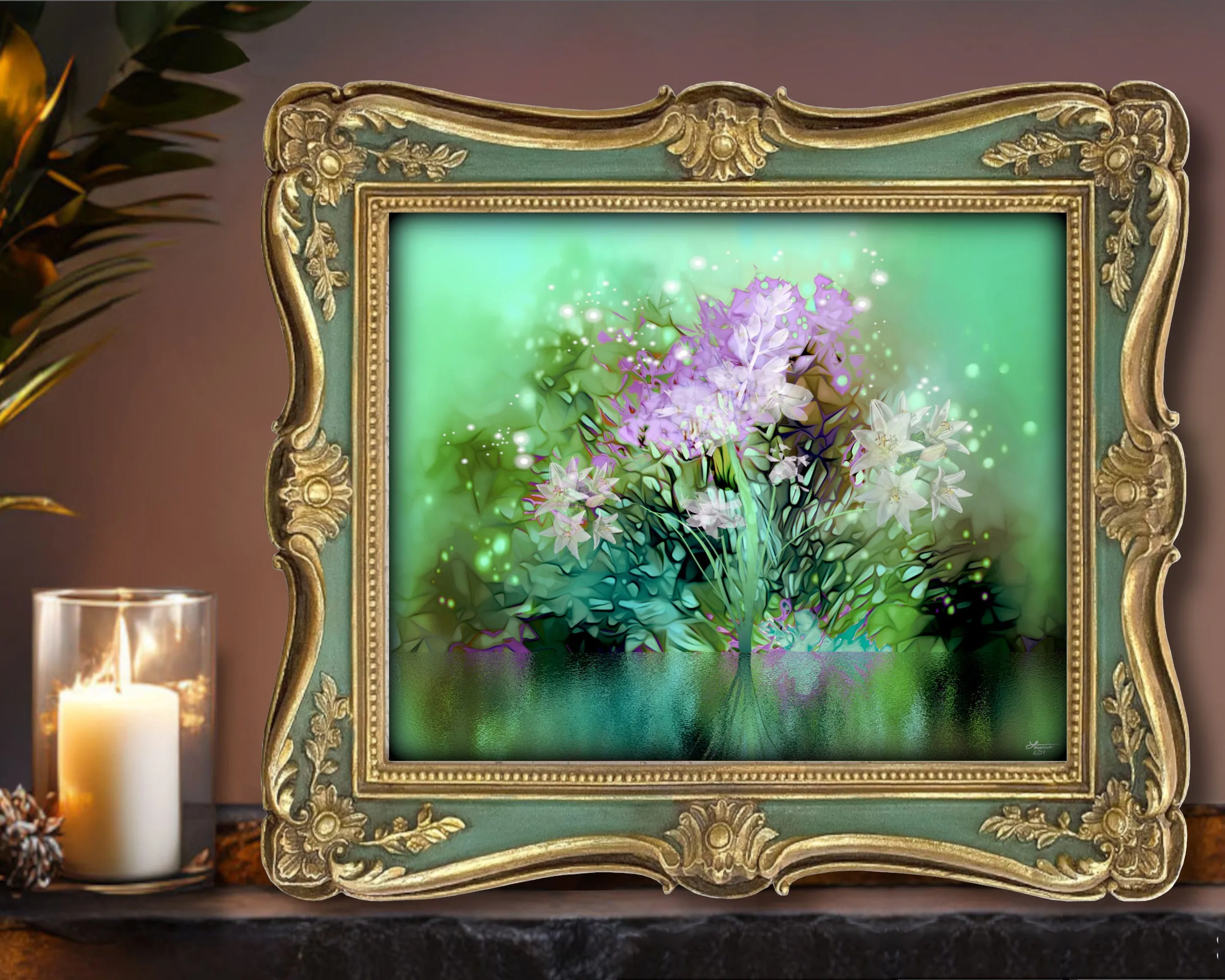 Impressionist Floral Abstract Art Print in Green and Pink, Flower Reflection in Water