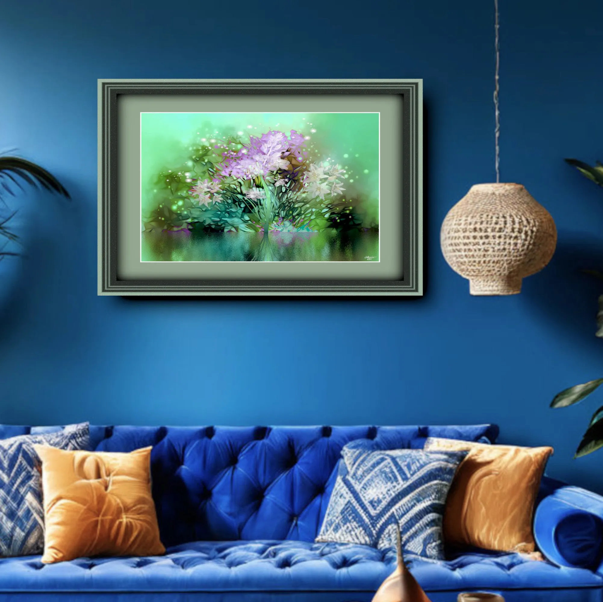 Impressionist Floral Abstract Art Print in Green and Pink, Flower Reflection in Water