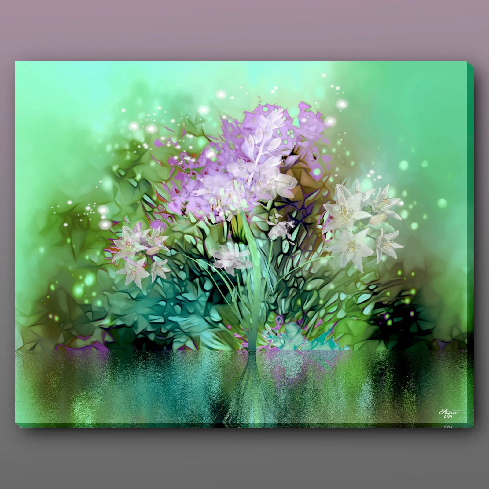 Impressionist Floral Abstract Art Print in Green and Pink, Flower Reflection in Water