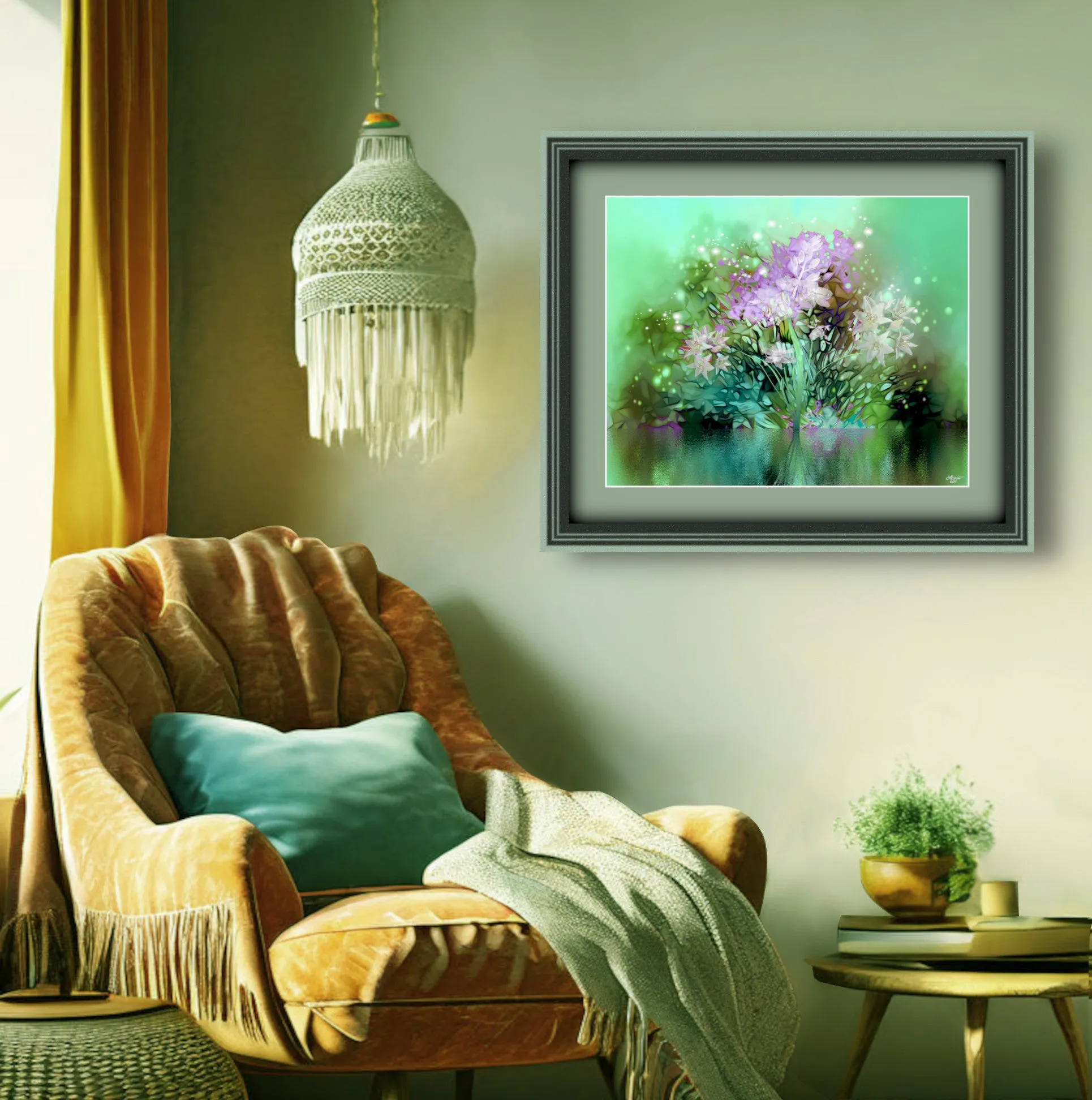 Impressionist Floral Abstract Art Print in Green and Pink, Flower Reflection in Water