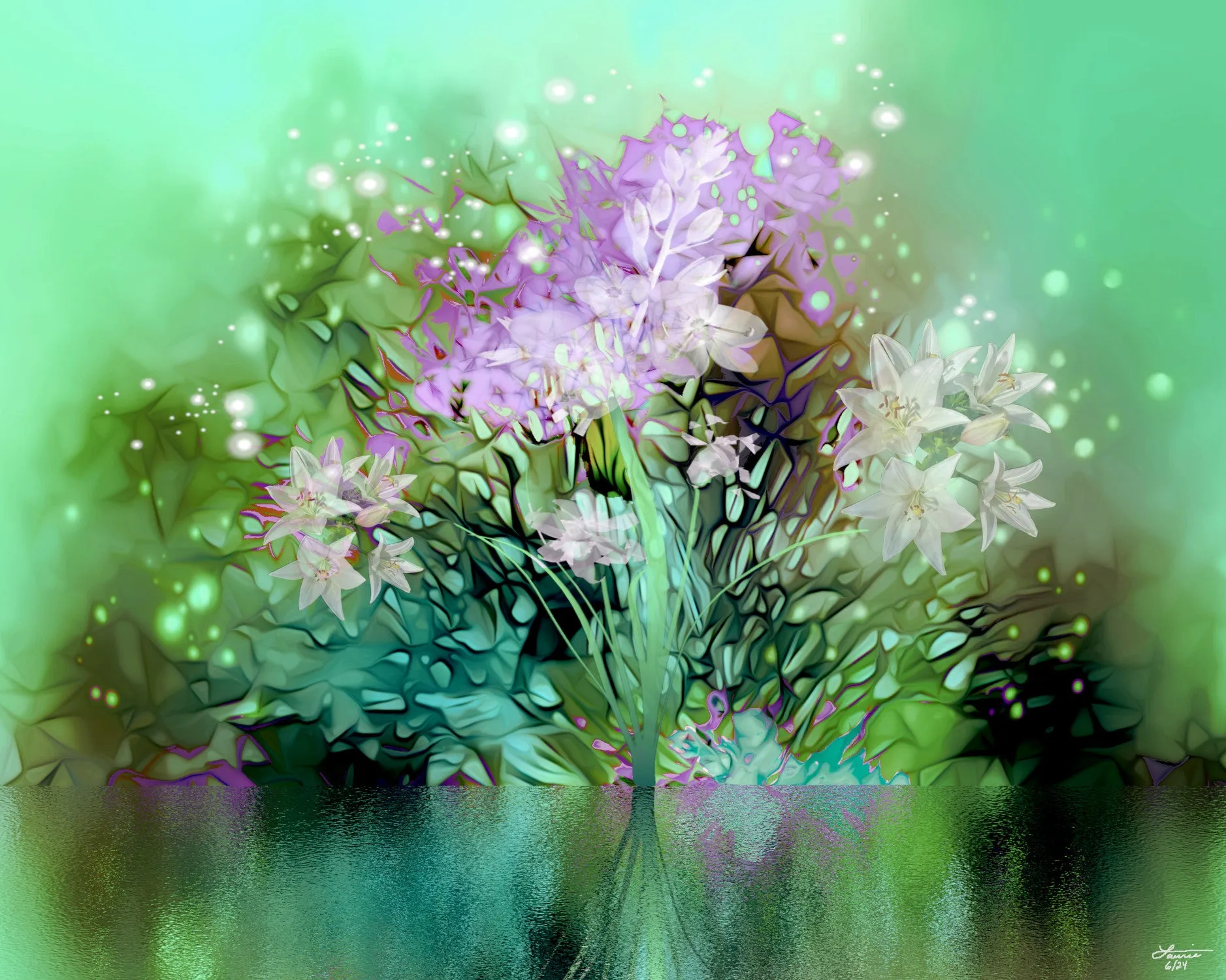 Impressionist Floral Abstract Art Print in Green and Pink, Flower Reflection in Water