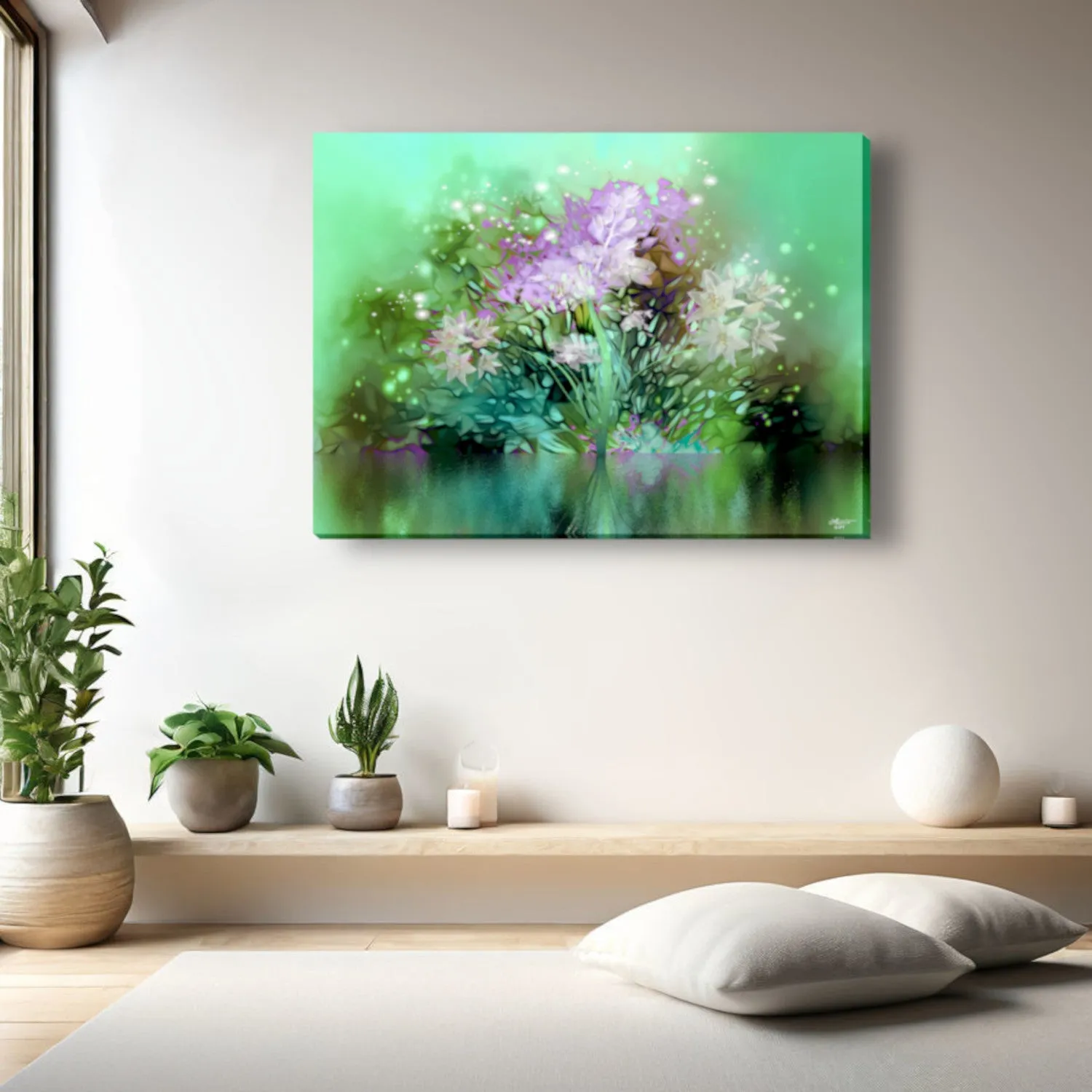 Impressionist Floral Abstract Art Print in Green and Pink, Flower Reflection in Water