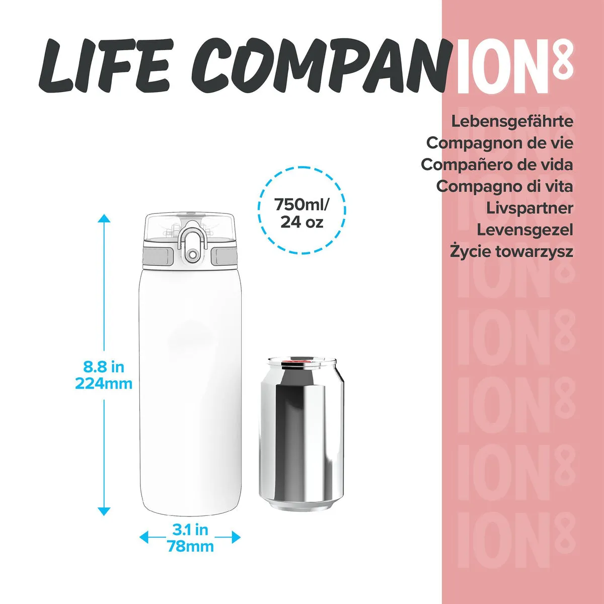 ION8 Leak Proof Water Bottle, Rose Quartz, 750ML BPA Free