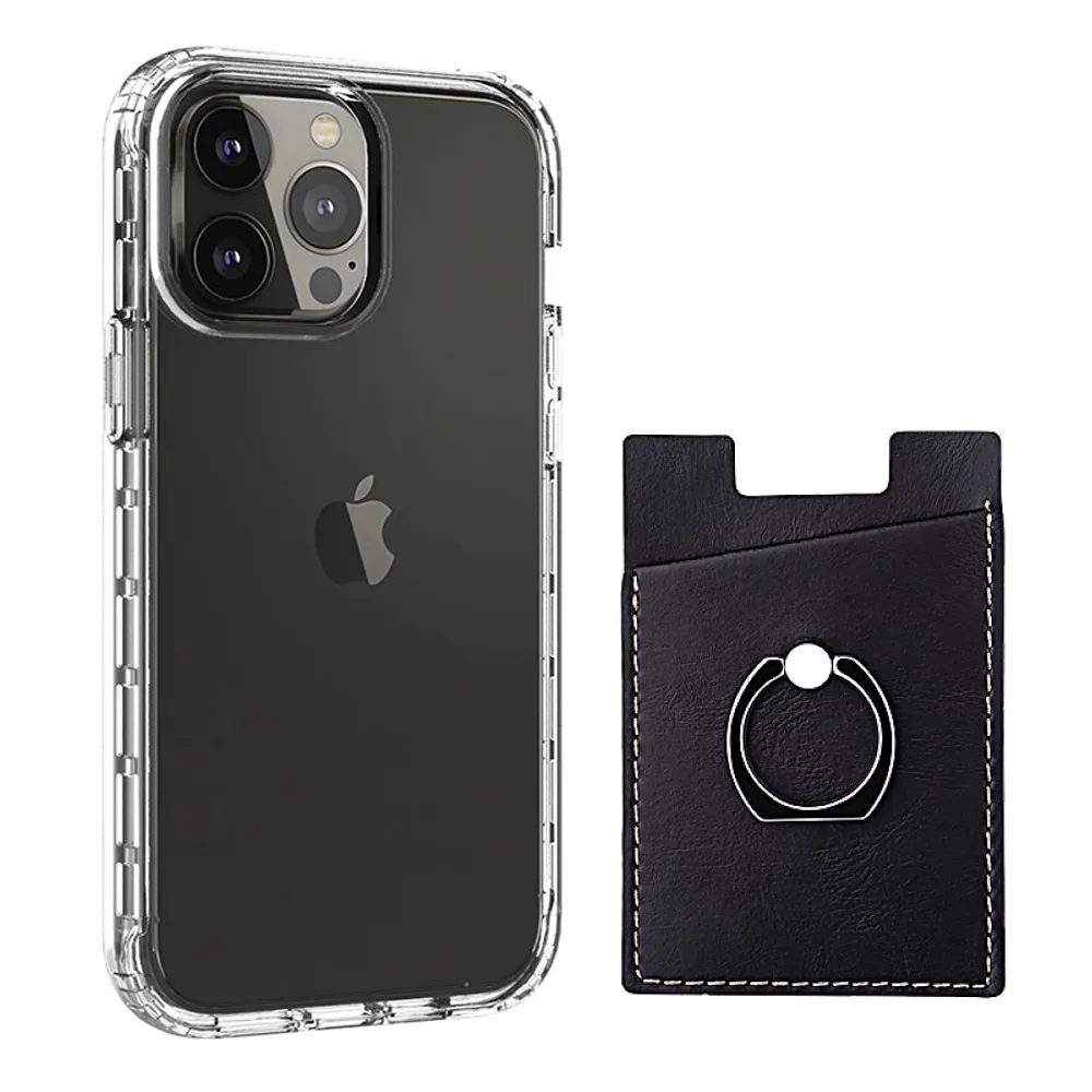 iPhone 13 Pro Max Bumper Case with Leather Credit Card Stick-On Holder