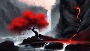 Japanese Style Red Black White Bonsai Tree Art | AI-Generated Digital Download for Canvas Poster Wall Art DIY Crafts