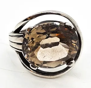 JRM Mexico Smoky Quartz 9 ct large oval vintage sterling silver ring size 6.5