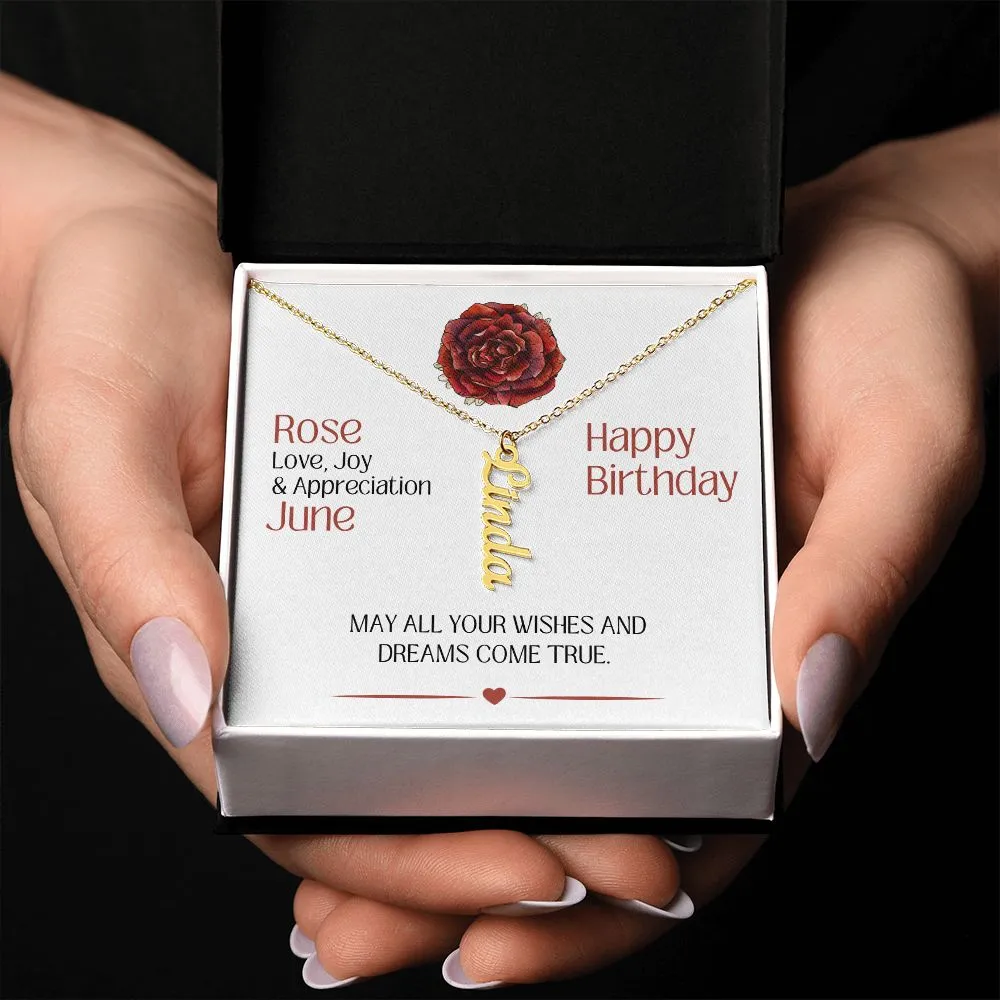 June Birth Month Flower | Happy Birthday - Personalized Vertical Name Necklace
