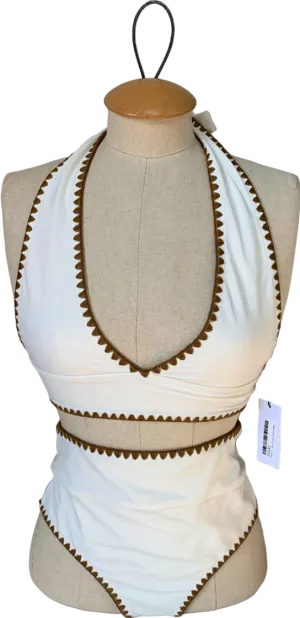 Karen Millen Cream Stitch Detail Plunge Bikini Top and High Waisted Bikini Bottoms UK XS/S