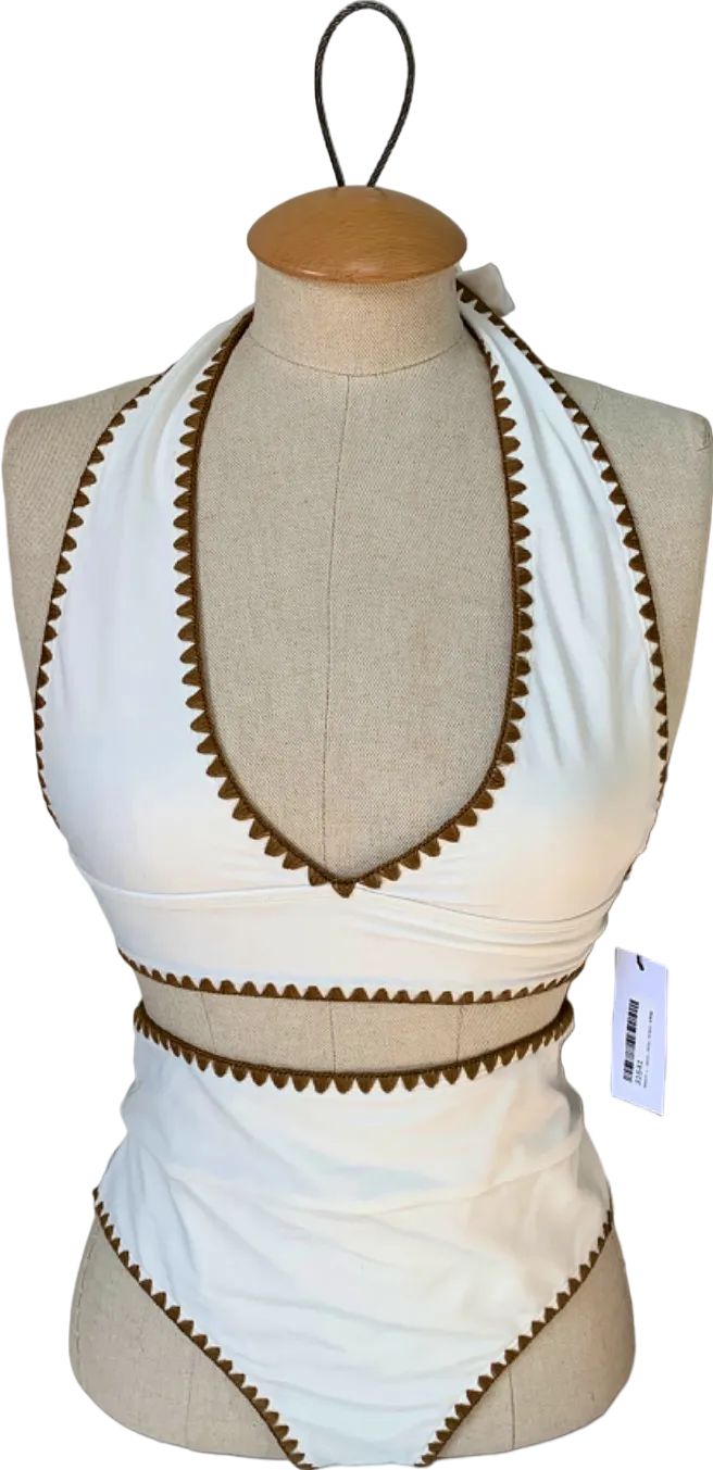 Karen Millen Cream Stitch Detail Plunge Bikini Top and High Waisted Bikini Bottoms UK XS/S