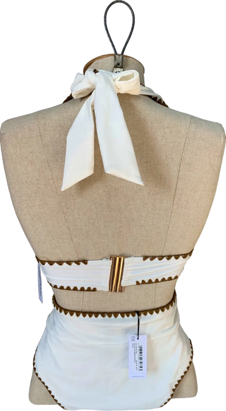 Karen Millen Cream Stitch Detail Plunge Bikini Top and High Waisted Bikini Bottoms UK XS/S