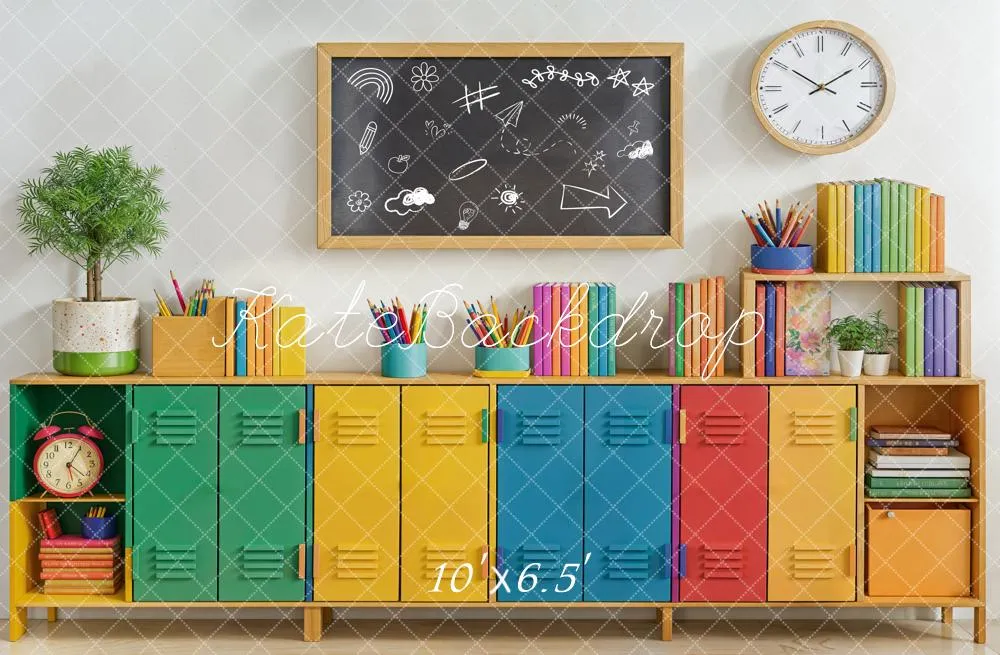Kate Back to School Colorful Lockers Chalkboard Books Backdrop Designed by Emetselch