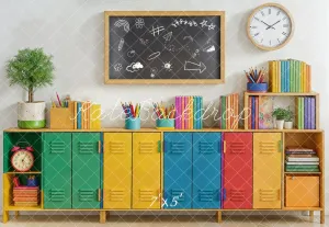 Kate Back to School Colorful Lockers Chalkboard Books Backdrop Designed by Emetselch
