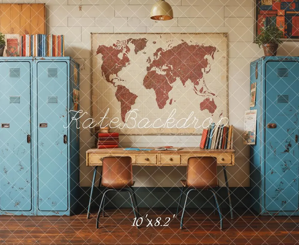 Kate Back To School Vintage Blue Locker Map Backdrop Designed by Emetselch