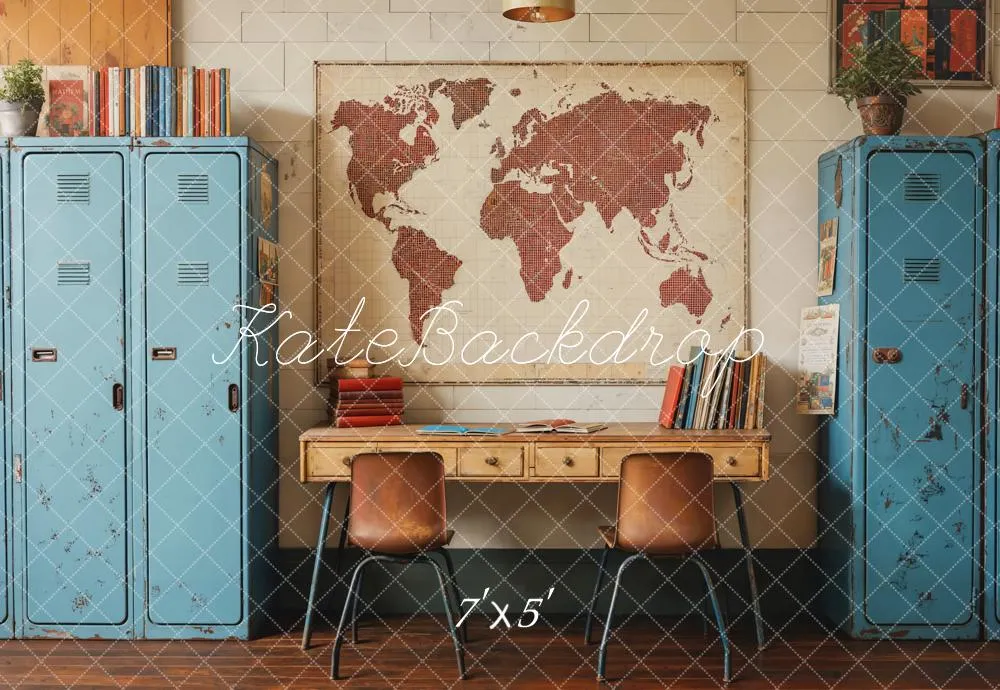 Kate Back To School Vintage Blue Locker Map Backdrop Designed by Emetselch