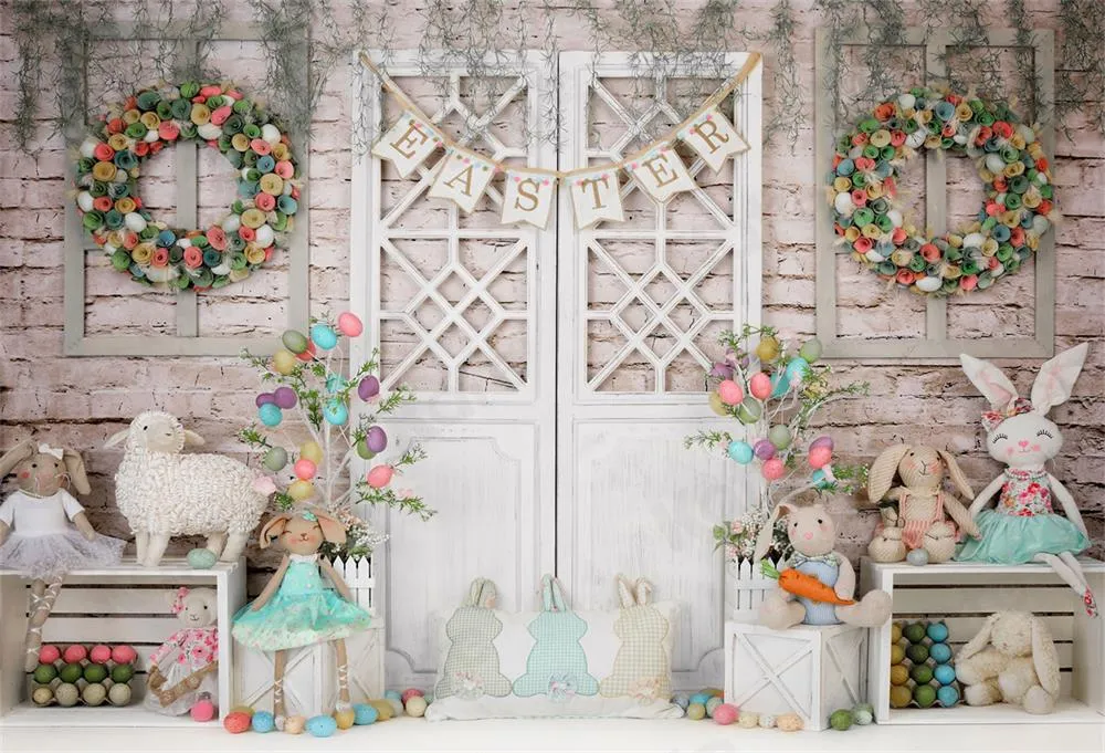 Kate Barn Door Colorful Egg Easter Backdrop for Photography