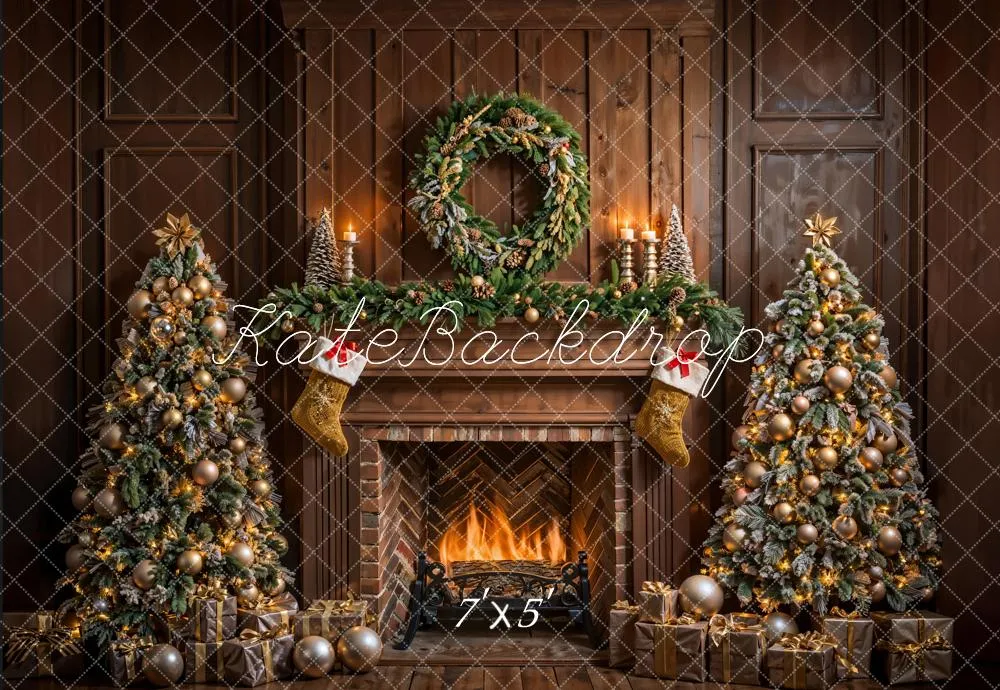 Kate Christmas Brown Fireplace Vintage Wall Backdrop Designed by Emetselch