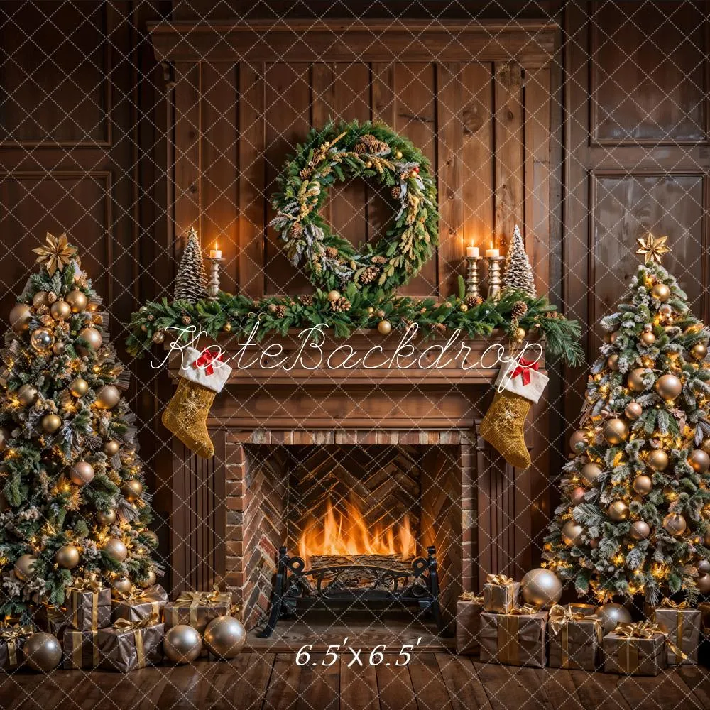 Kate Christmas Brown Fireplace Vintage Wall Backdrop Designed by Emetselch