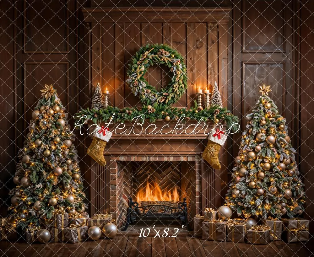 Kate Christmas Brown Fireplace Vintage Wall Backdrop Designed by Emetselch