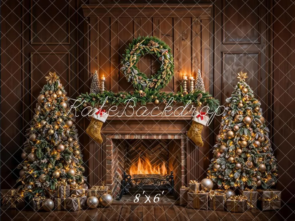 Kate Christmas Brown Fireplace Vintage Wall Backdrop Designed by Emetselch