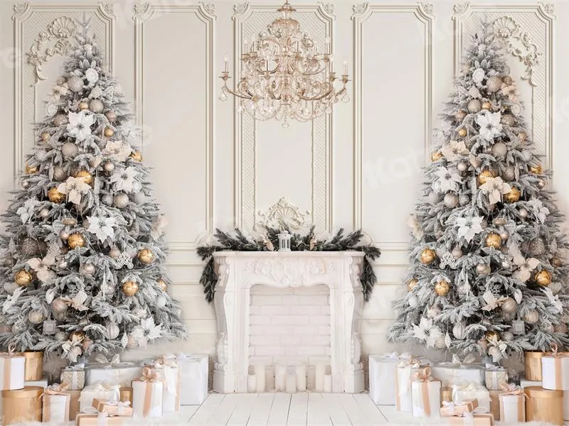 Kate Christmas Fireplace Vintage Wall Trees Gift Backdrop for Photography