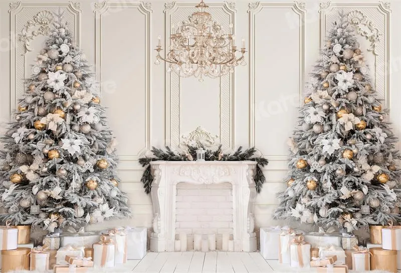 Kate Christmas Fireplace Vintage Wall Trees Gift Backdrop for Photography