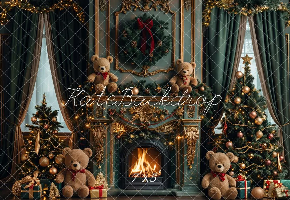 Kate Christmas Teddy Bear Vintage Green Fireplace Backdrop Designed by Emetselch