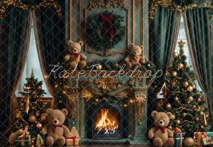 Kate Christmas Teddy Bear Vintage Green Fireplace Backdrop Designed by Emetselch