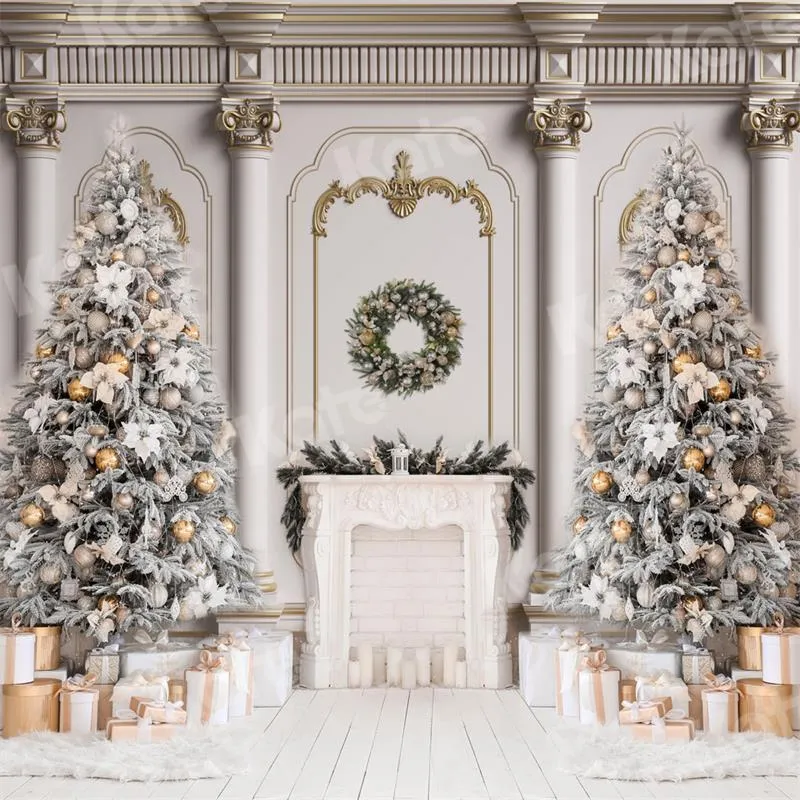 Kate Christmas Vintage Wall Trees Fireplace Backdrop for Photography