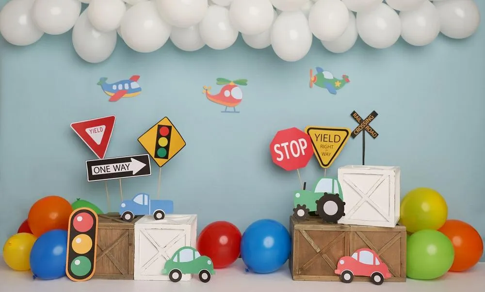 Kate Colorful Birthday Cars Trucks Airplanes Backdrop Designed by Melissa King