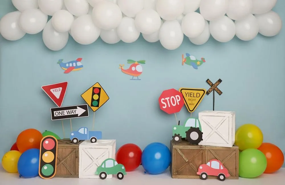 Kate Colorful Birthday Cars Trucks Airplanes Backdrop Designed by Melissa King