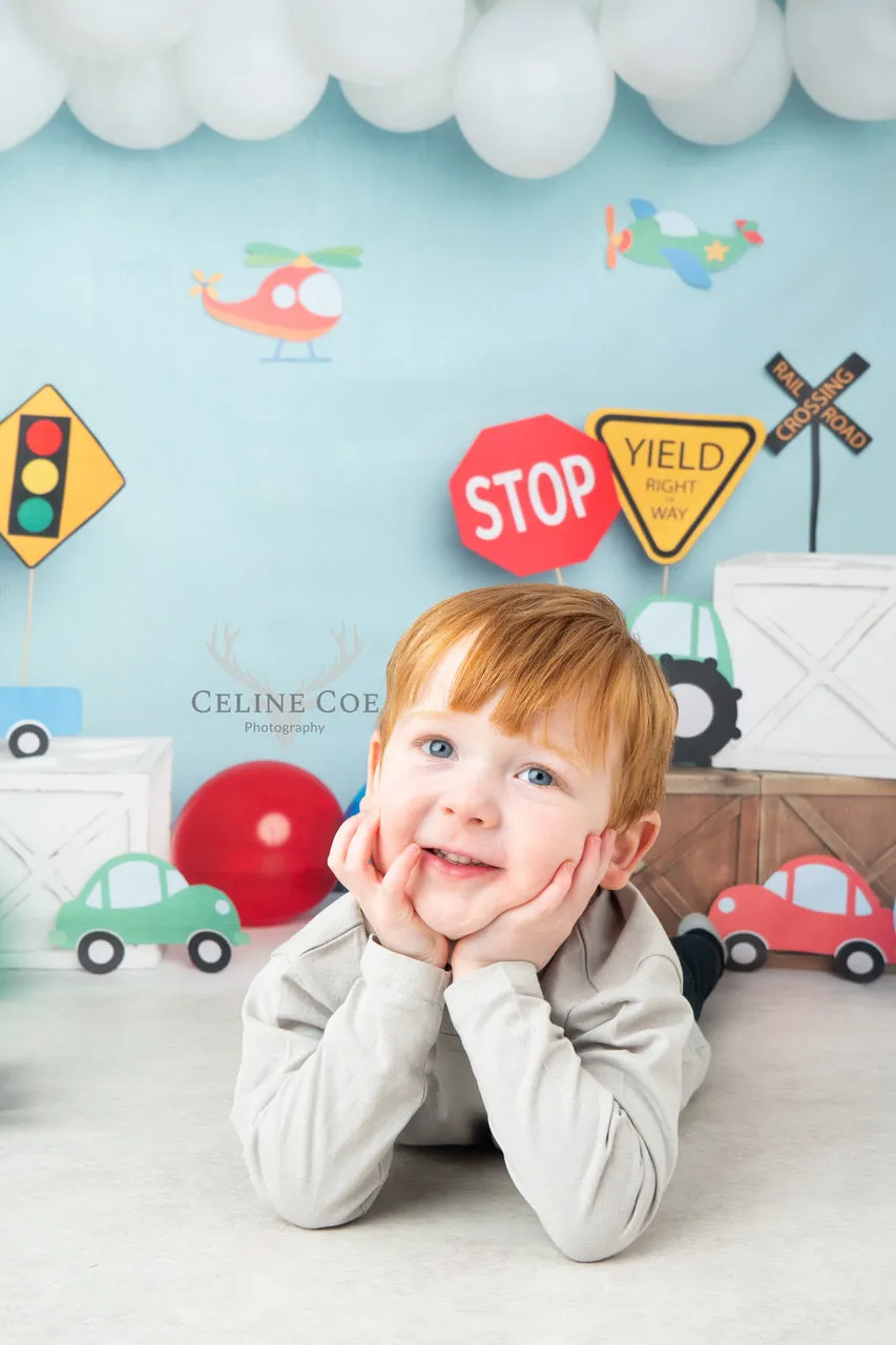 Kate Colorful Birthday Cars Trucks Airplanes Backdrop Designed by Melissa King