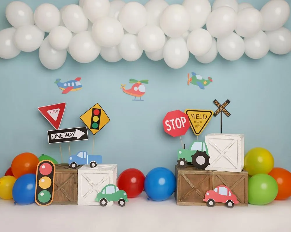Kate Colorful Birthday Cars Trucks Airplanes Backdrop Designed by Melissa King