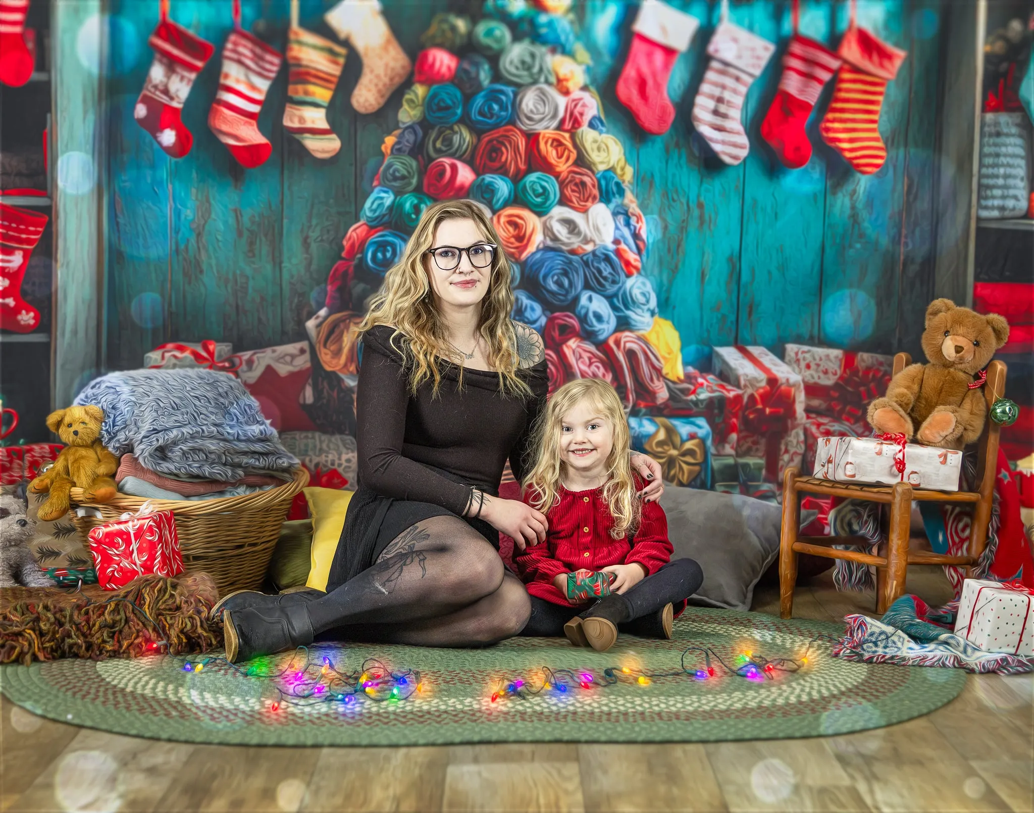 Kate Colorful Christmas Stockings Tree Backdrop Designed by Laura Bybee