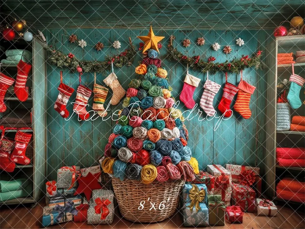 Kate Colorful Christmas Stockings Tree Backdrop Designed by Laura Bybee
