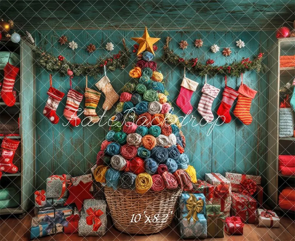 Kate Colorful Christmas Stockings Tree Backdrop Designed by Laura Bybee