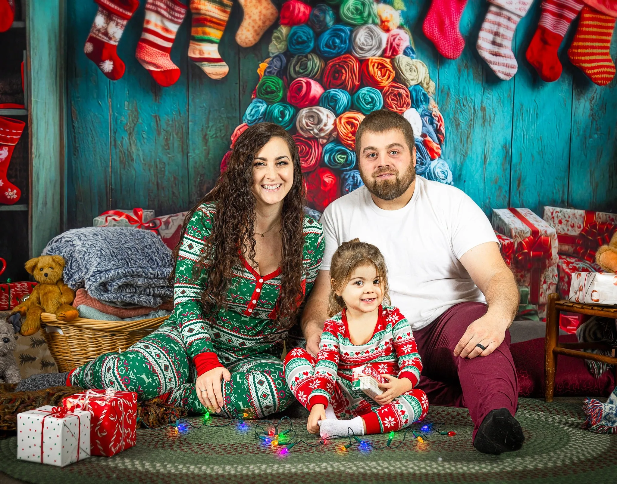 Kate Colorful Christmas Stockings Tree Backdrop Designed by Laura Bybee