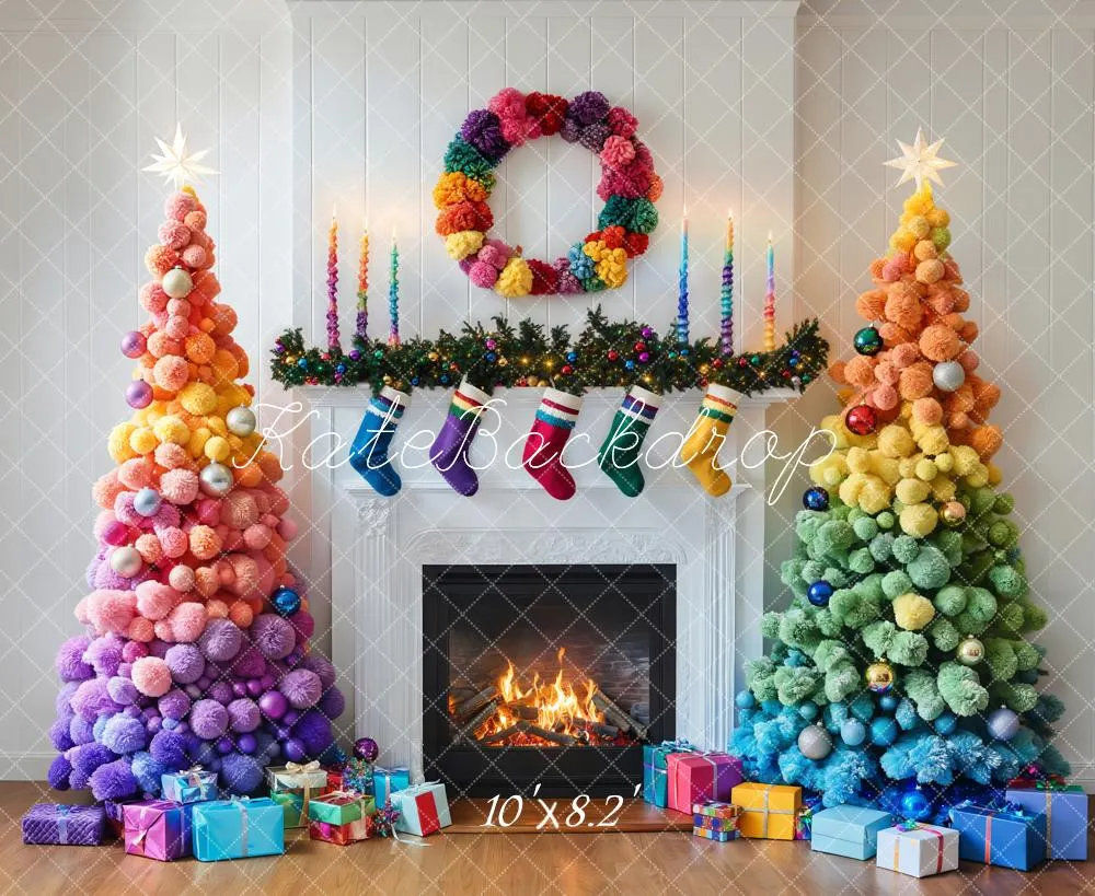 Kate Colorful Christmas Trees Fireplace Backdrop Designed by Emetselch