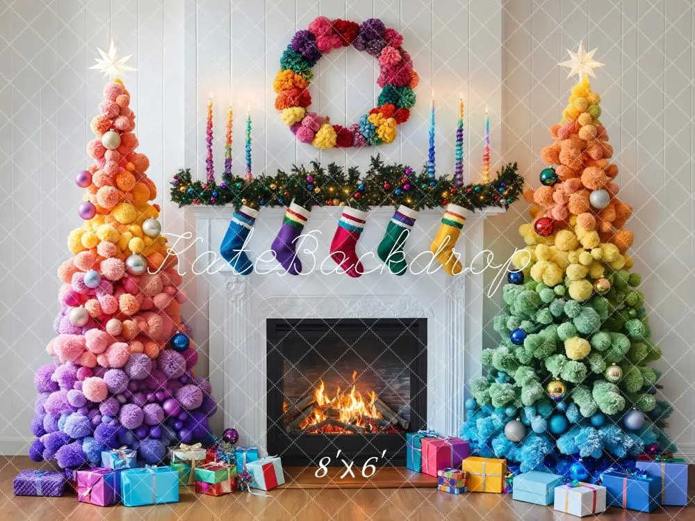 Kate Colorful Christmas Trees Fireplace Backdrop Designed by Emetselch