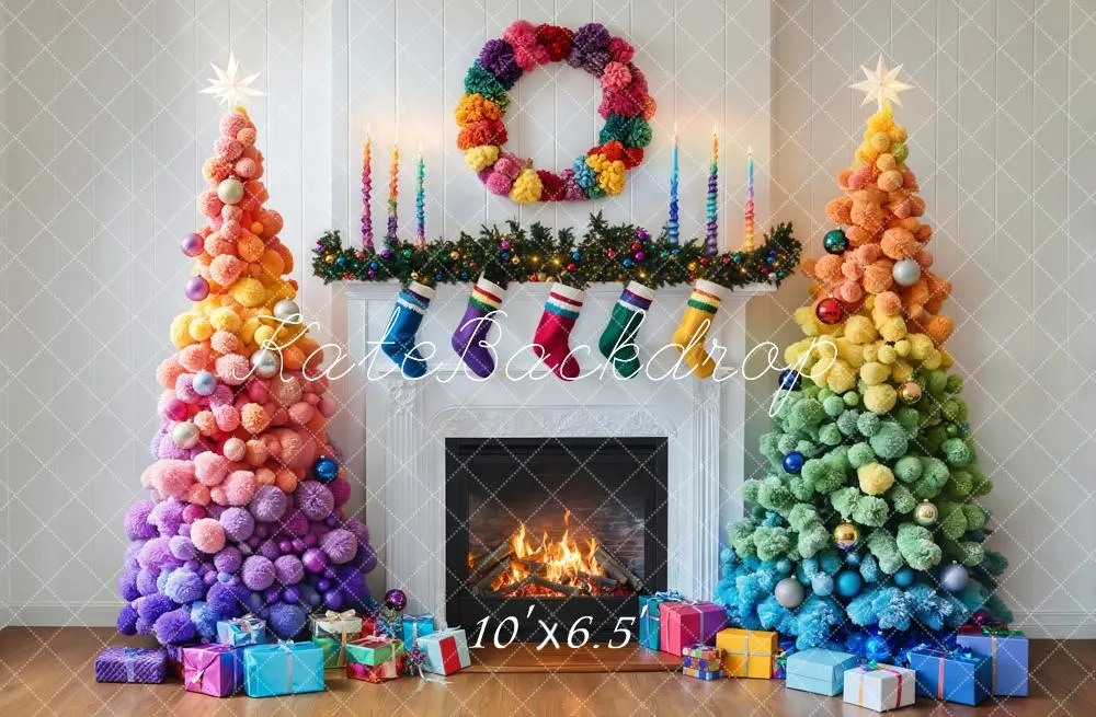 Kate Colorful Christmas Trees Fireplace Backdrop Designed by Emetselch