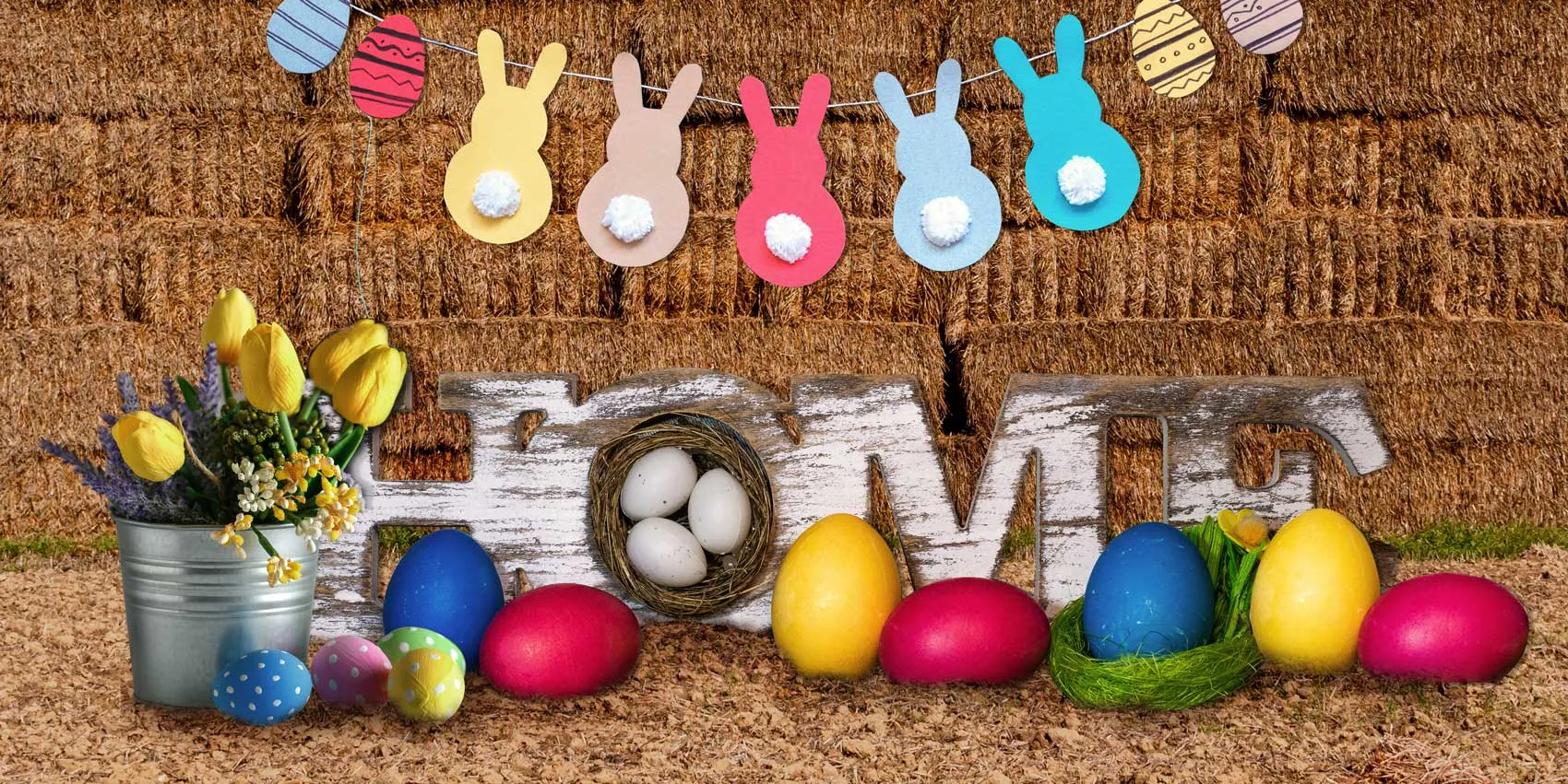 Kate Easter Colorful Eggs Haystack Decoration Backdrop