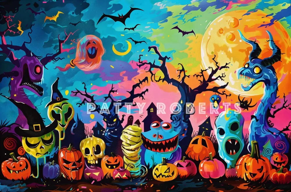 Kate Halloween Cartoon Colorful Monsters Backdrop Designed by Patty Robert