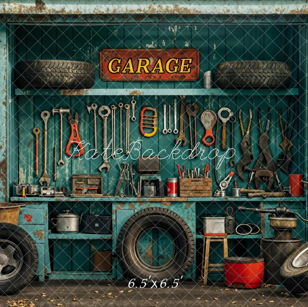 Kate Industrial Vintage Garage Tools Tire Backdrop Designed by Emetselch