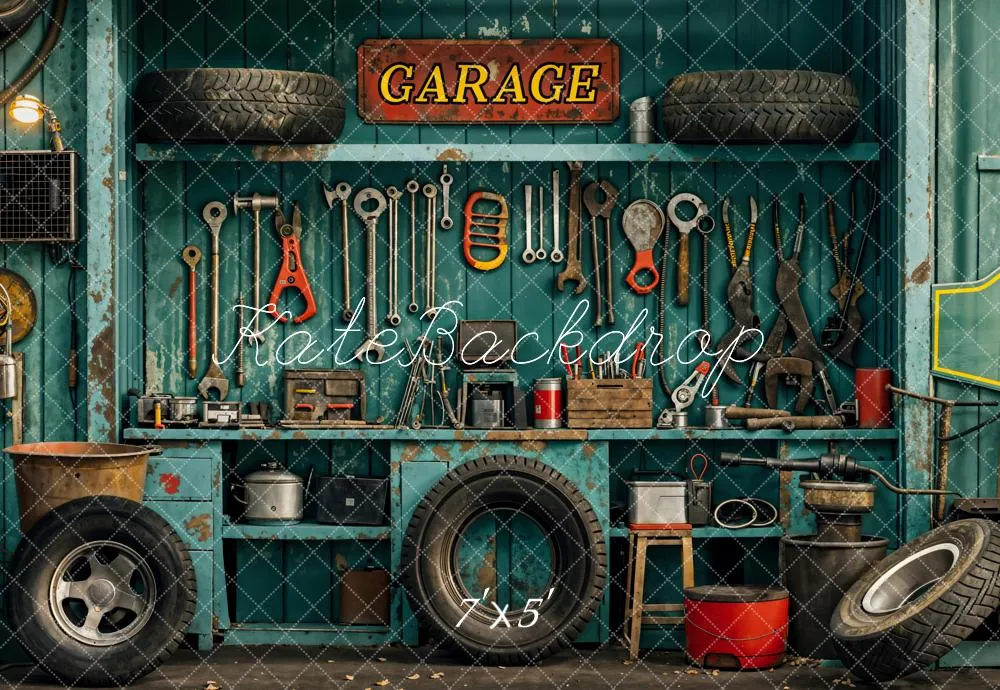 Kate Industrial Vintage Garage Tools Tire Backdrop Designed by Emetselch