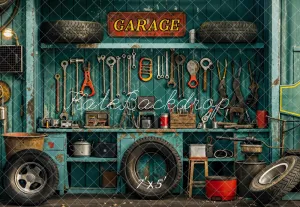 Kate Industrial Vintage Garage Tools Tire Backdrop Designed by Emetselch