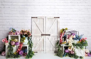 Kate Spring Colorful Flowers Barn Door Backdrop Designed by Megan Leigh Photography