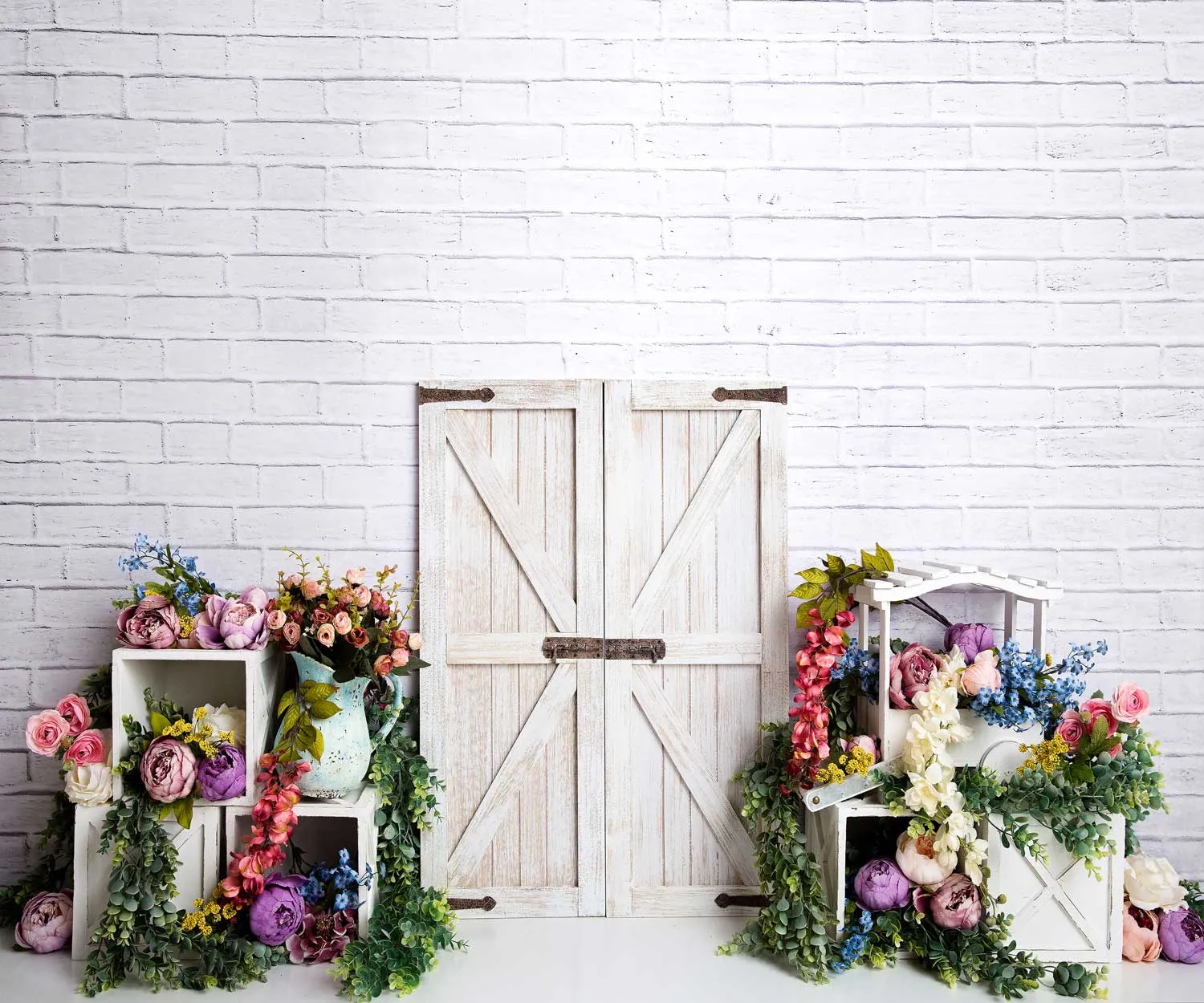 Kate Spring Colorful Flowers Barn Door Backdrop Designed by Megan Leigh Photography