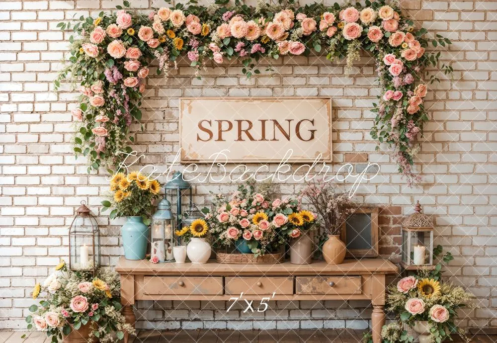 Kate Spring Floral Vintage Brick Wall Backdrop Designed by Emetselch